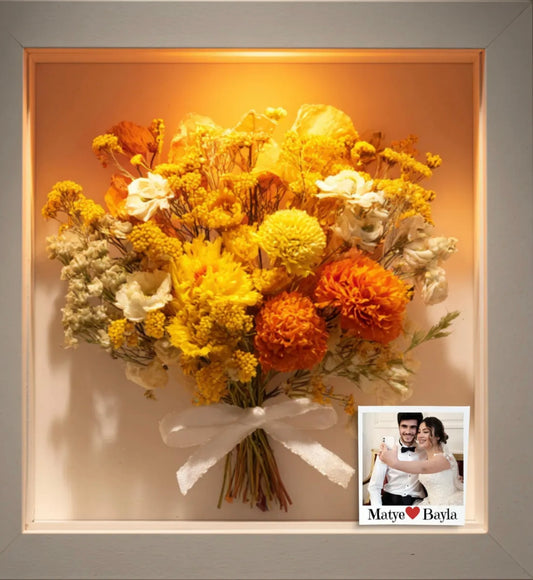Bridal Bouquet Flower Preservation: Large Framed Wedding Floral ShadowBox with Lights -