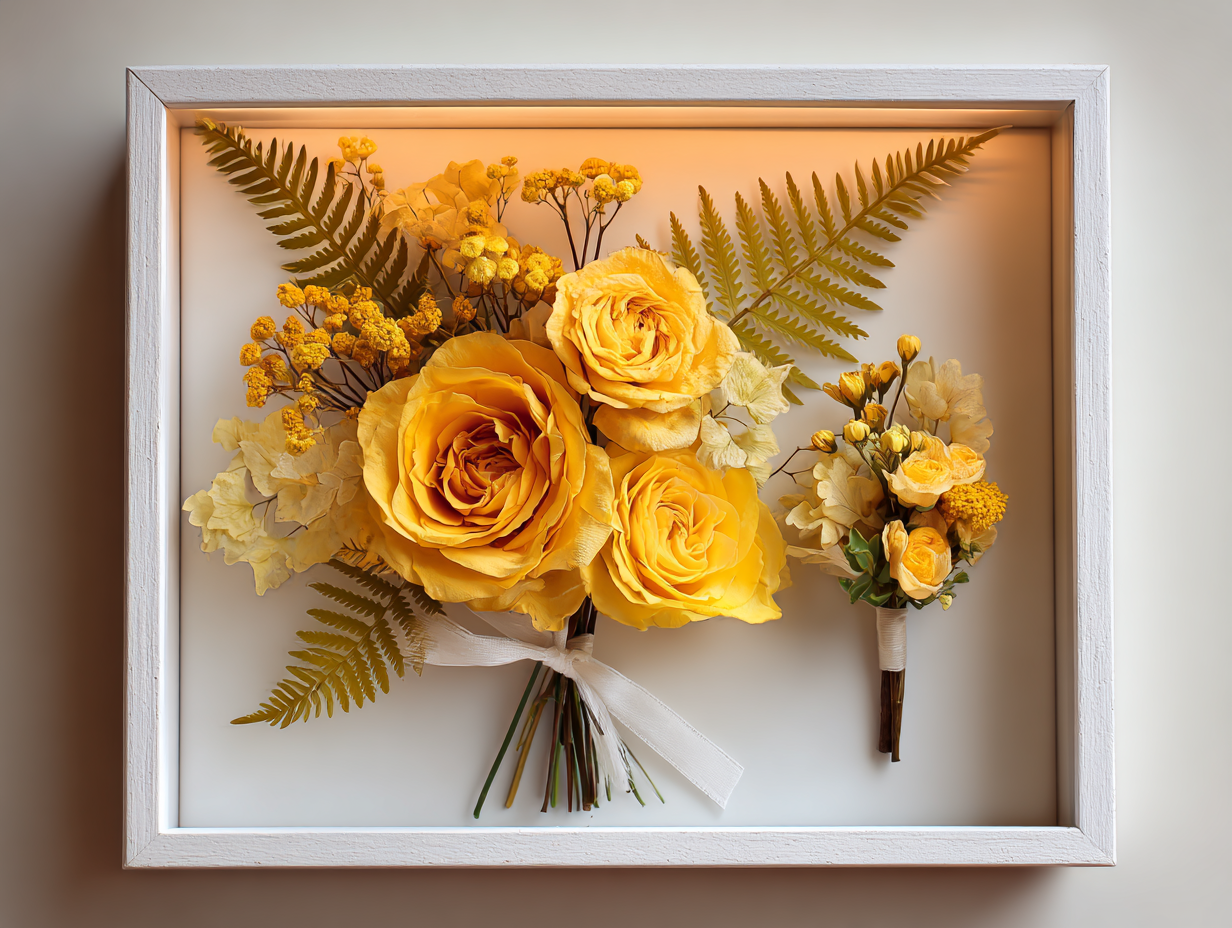 Bridal Bouquet Flower Preservation: Large Framed Wedding Personalized Keepsake Shadow Box with Lights -