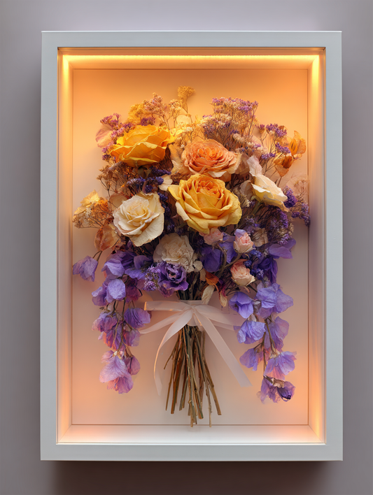 Bridal Bouquet Flower Preservation: Large Framed Wedding Floral  ShadowBox with Lights -