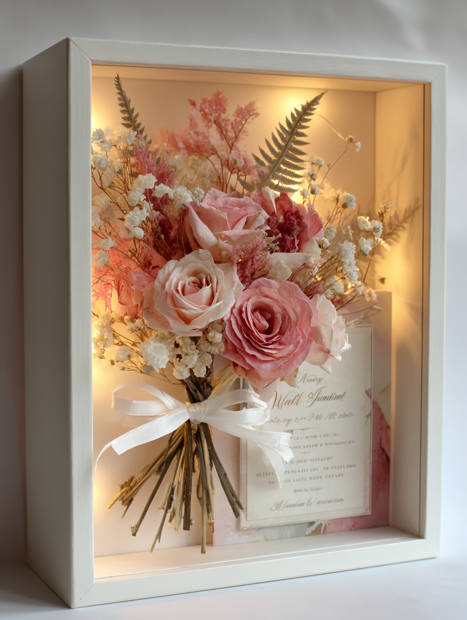 Bridal Bouquet Flower Preservation: Large Framed Wedding Floral  ShadowBox with Lights -